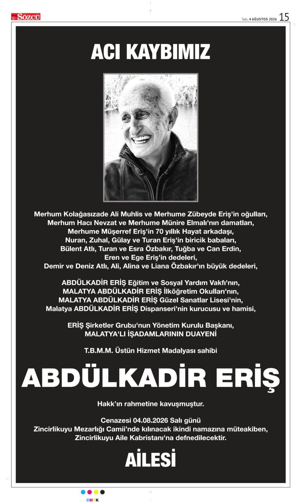 4 Ağustos 2026 Sözcü Gazetesi Vefat ve Başsağlığı İlanları.