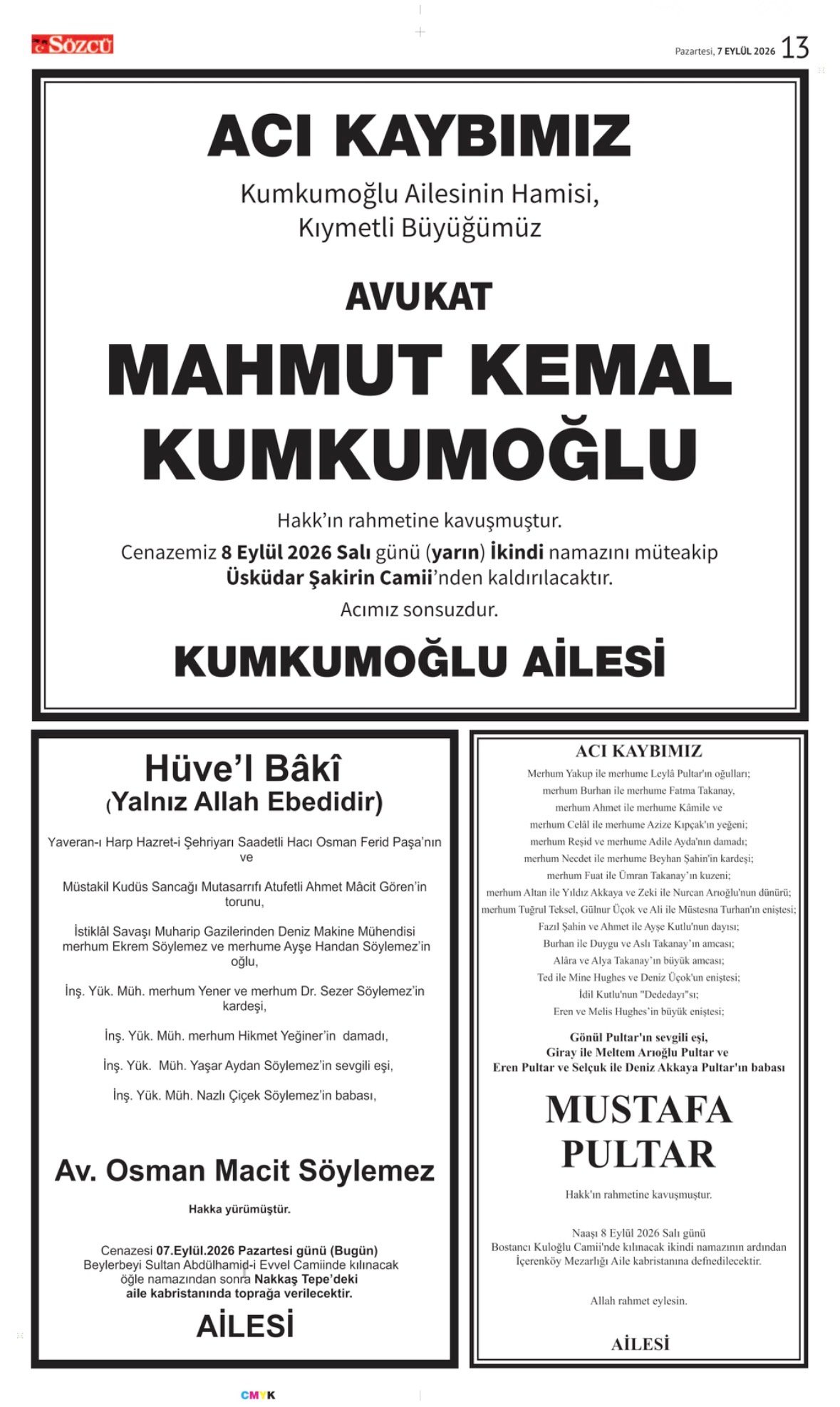 7 Eylül 2026 Sözcü Gazetesi Vefat ve Başsağlığı İlanları.